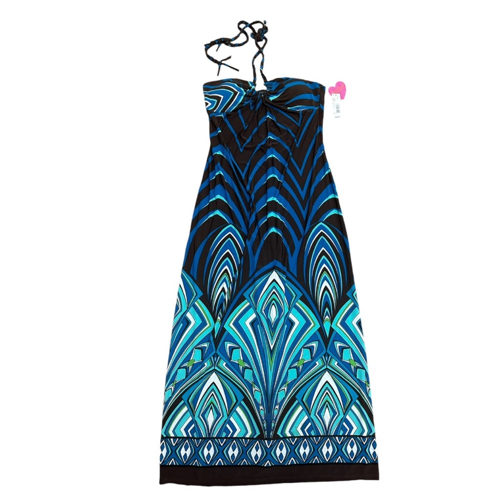 Heat Soul Y2K brown/blue psychedelic maxi halter dress. Sz. L